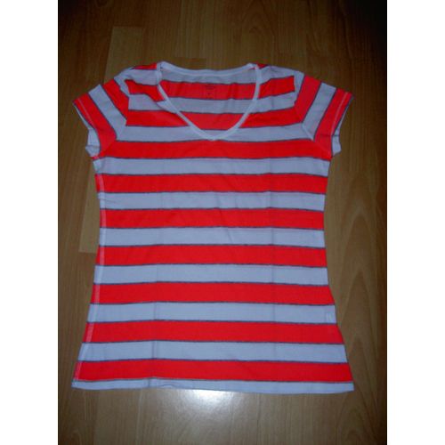 T-Shirt Tee Shirt Manches Courtes Col V À Rayures Roses Et Blanches Kiabi Taille 14 Ans