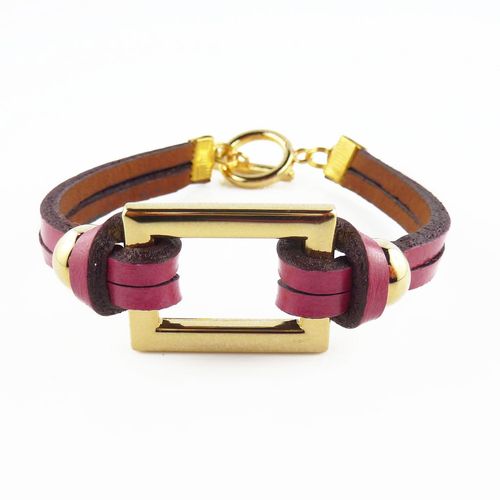 Bracelet Motif Rectangle Plaqué Or 18 Carrats Cuir Fuchia Rose Fait Main