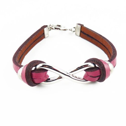 Bracelet Infini Plaqué Argent 925 Cuir Fuschia Rose Karma Infinity