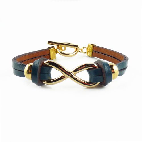Bracelet Infini Plaqué Or 18 Carats Cuir Bleu Karma Infinity