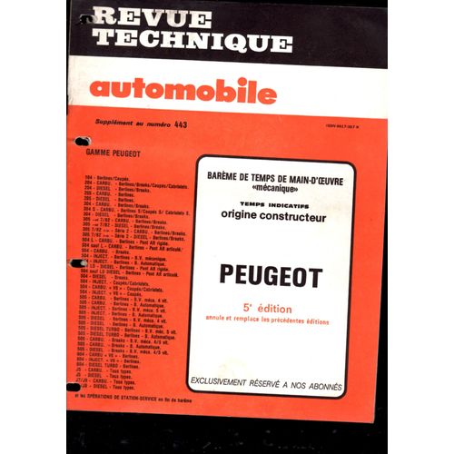 Revue Technique Automobile 443  Peugeot Bareme  Main D'oeuvre