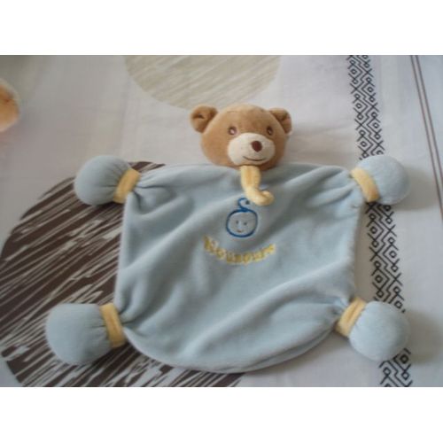 Doudou Ours Nounours Plat Bleu Jaune Tête De Bébé