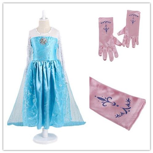 Lot Reine Des Neiges Robe + 1 Paire De Gants Roses Anna Elsa Motif Fleur De Lys Tenue Princesse Cosplay Bonne Qualité Black Sugar 