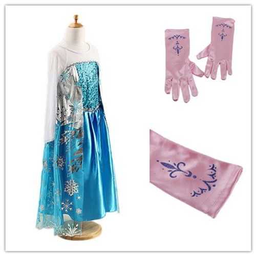 Lot Reine Des Neiges Robe + 1 Paire De Gants Roses Anna Elsa Motif Fleur De Lys Tenue Princesse Cosplay Bonne Qualité Black Sugar 