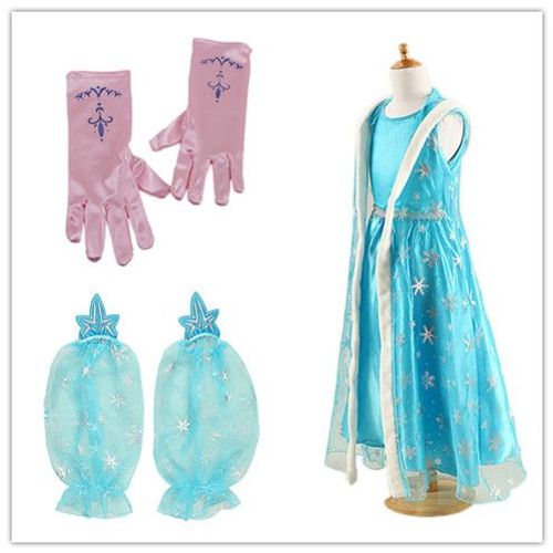 Lot Reine Des Neiges Robe + 1 Paire De Gants Roses Anna Elsa Motif Fleur De Lys Tenue Princesse Cosplay Bonne Qualité Black Sugar 