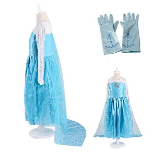 Ensemble Robe + Paire Gants Turquoise Reine Des Neiges Fleur De Lys Paillettes Bleues Déguisement Cosplay Tenue Princesse Boutique Black Sugar 
