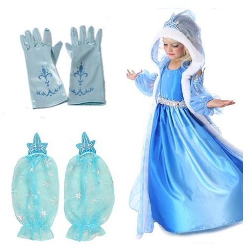 Ensemble Robe + Paire Gants Turquoise Reine Des Neiges Fleur De Lys Paillettes Bleues Déguisement Cosplay Tenue Princesse Boutique Black Sugar 