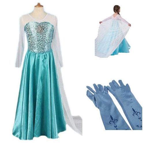 Robe + Paire De Gants Bleu Reine Des Neiges Anna Elsa Paillettes Bleues Princesse Tenue Cosplay Déguisement Bonne Qualité Black Sugar 