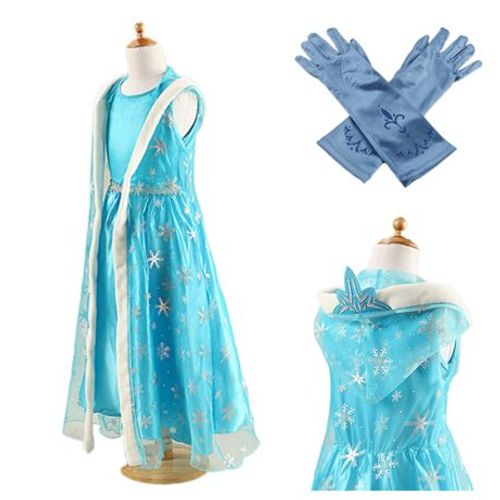 Robe + Paire De Gants Bleu Reine Des Neiges Anna Elsa Paillettes Bleues Princesse Tenue Cosplay Déguisement Bonne Qualité Black Sugar 