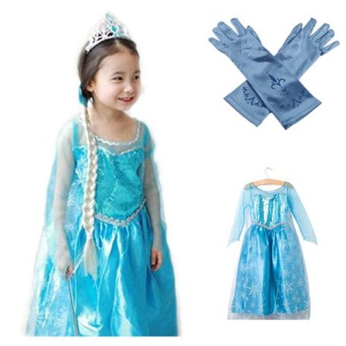 Robe + Paire De Gants Bleu Reine Des Neiges Anna Elsa Paillettes Bleues Princesse Tenue Cosplay Déguisement Bonne Qualité Black Sugar 