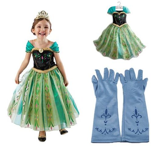 Robe + Paire De Gants Bleu Reine Des Neiges Anna Elsa Paillettes Bleues Princesse Tenue Cosplay Déguisement Bonne Qualité Black Sugar 