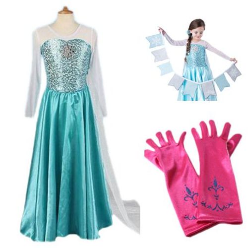 Nouveau Lot Gants Fushia Avec Fleurs De Lys En Paillettes + Robe Anna Elsa 2 À 14 Ans Reine Des Neiges Déguisement Tenue De Princesse Cosplay Bonne Qualitéblack Sugar 