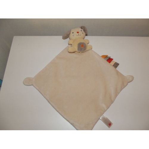 Doudou Peluche Plat Mouchoir Chien Cocard Jaune Sur Sa Couverture Mouchoir Etiquettes Blanc Cassé Ecru Nicotoy 