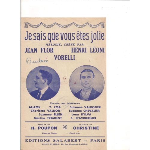 Partition Ancienne - Je Sais Que Vous Etes Jolie - Flor -Leoni - Vorelli