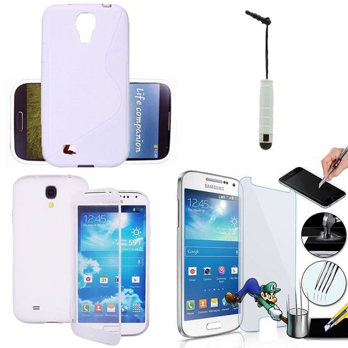 Samsung Galaxy S4 I9500/ I9505/ Value Edition I9515: Lot Coque Etui Housse Pochette Accessoires Silicone Gel Livre Rabat Portefeuille Couleur: Blanc + 1 Stylet Tactile + 1 Film Verre Trempé