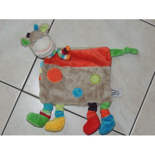 Doudou Peluche Girafe Vache Mots D'enfants Leclercq Plat Beige Rouge Ronds Pattes Multicolores Queue Verte