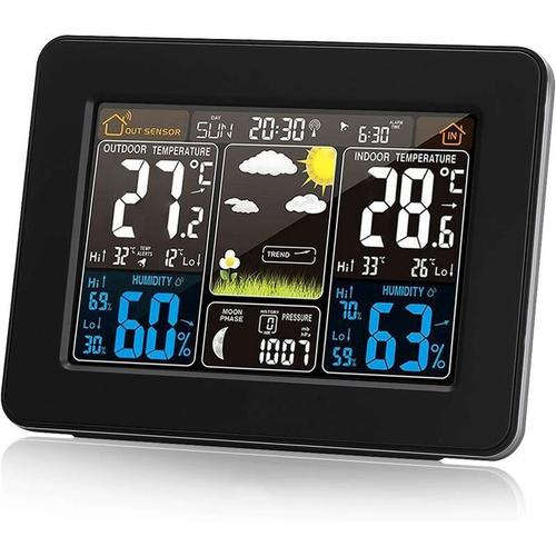 Station météo sans Fil avec Alerte et la température/humidité/baromètre/Alarme/Horloge Lunaire/météo avec capteur extérieur numérique à Affichage des Couleurs PT3365-