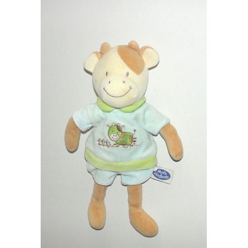 Vache Creme Marron Tee Shirt  Bleu Brodé D'une Vache Verte  Doudou Mot D'enfants 28cm