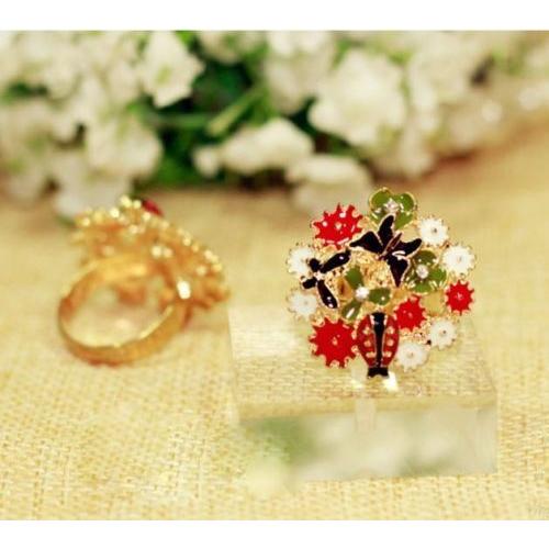 Bague Bouquet De Fleur Coccinelle Porte Bonheur Printemps Ete Ajustable Or Strass Cristal Retro Vintage Idée Cadeau