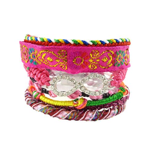 Bracelet Brésilien Infini Brillant Strass Multibrins Coton Tressé Et Perles Rose