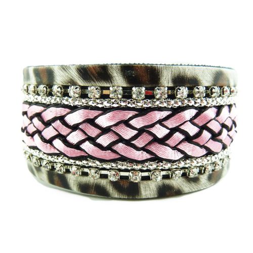 Bracelet Léopard Tresse  Coton Rose Brillants Faux Diamants Tendance