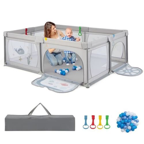 Costway Parc Bébé Pliable-Tapis En Xpe,Motif Du Sous-Marin-206×147×68,5cm-2 Porte À Glissière-2 Rangements-50 Balles Océaniques-Sac