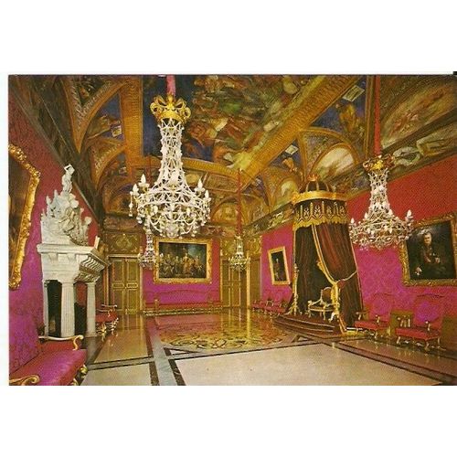 Carte Postale Monaco Palais Du Prince Salle Du Tröne Fresques D'orazio Ferrari , Le Trône De Style Empire Est Surmonté Des Armes De La Maison Des Grimaldi , Lustres Cristaux De Pologne