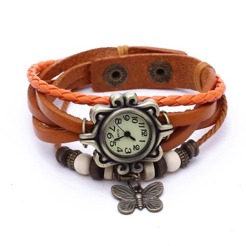Montre Quartz Gourmette Bracelet Cuir Tressé Orange Papillon Boule Vintage Femme