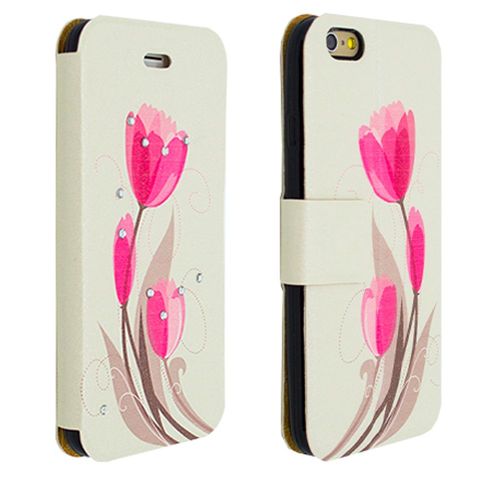 Etui Folio Book À Rabat Latéral Blanc Cassé Avec Motifs Fleuris Et Strass Incrustés Pour Iphone 6