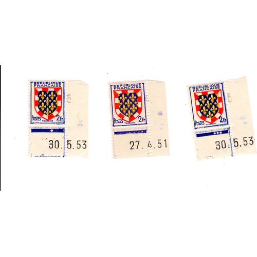 3 Timbres Blason De Touraine 2fr  Coins De Feuille Daté 2 Avec Défauts