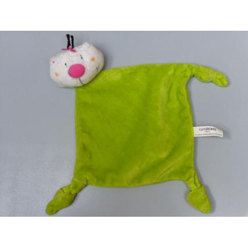 Doudou Plat Chat Vert , Nez Rose, Carréblanc, Carré Blanc