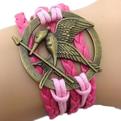 Bracelet Hunger Games Rose Cuir Tressé Bronze Multibrins