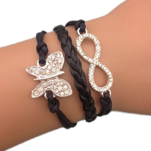 Bracelet Papillon Infini Strass Brillant Noir Karma