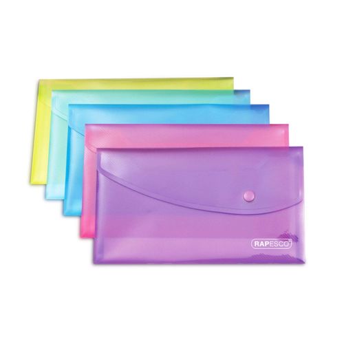 Rapesco Pqt De 5 Pochettes Porte-Document Transparent À Pression Couleurs Vives A5