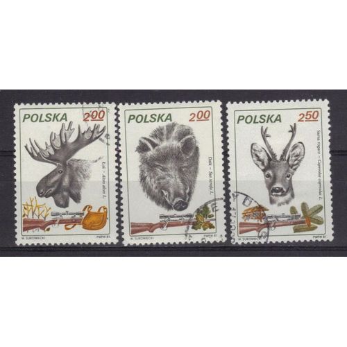 Pologne 1981 : Gibier : Chasse Et Fusils : Elan / Sanglier / Chevreuil - Série De 3 Timbres Oblitérés