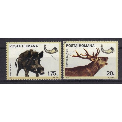 Roumanie 1976 : Faune : Gibier : Sanglier / Cerf - Série De 2 Grands Timbres Oblitérés