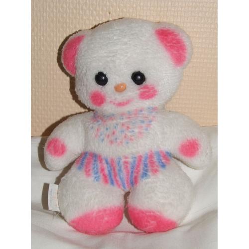 Ours Boulgom Blanc Rose Bleu Doudou Peluche À Grelot De 21 Cm