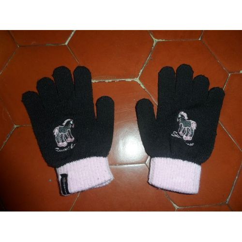 Gants D'équitation Jersey Noir Et Rose Brodés Fouganza