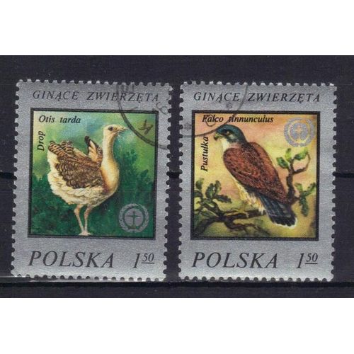 Pologne 1986 : Oiseaux : Grande Outarde / Faucon Crécerelle - Série De 2 Timbres Oblitérés En Argent