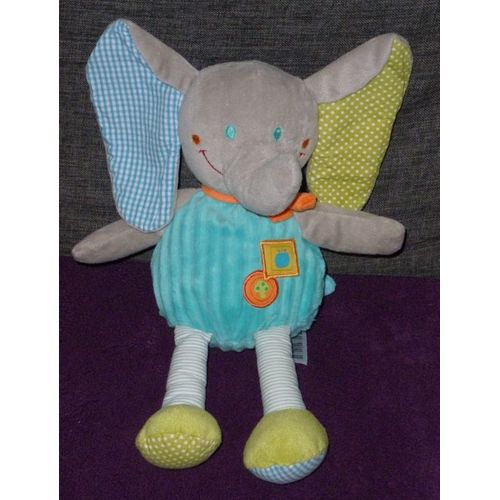 Éléphant Doudou Peluche Mots D'enfants Plat Bleu Vert Pomme Echarpe Orange