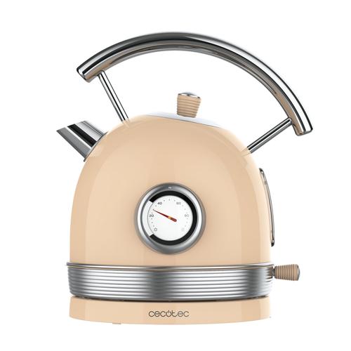 Bouilloire électrique Cecotec ThermoSense 420 - 1,8 l de capacité, 2200 W, jauge de température, base 360°, acier inoxydable, style vintage - Beige clair