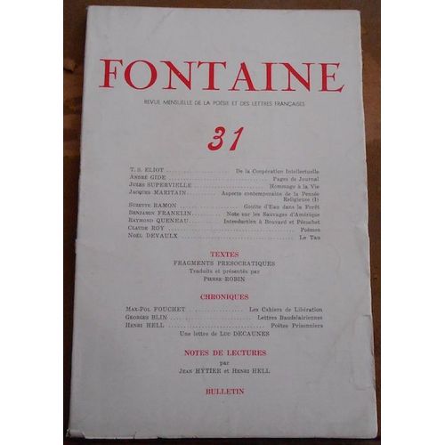 Fontaine N°31 Revue Mensuelle De La Poésie Et Des Lettres Françaises