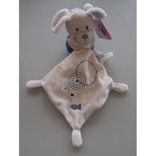 Doudou Peluche  Chien Lapin Rabbit Pommette Intermarché Bleu Velours Grosses Cotes Mouchoir Poisson Brodé