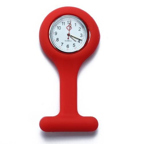 Montre Infirmière Poche À Quartz Rond En Silicone Rouge Avec Broche Epingle Clip