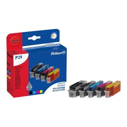 Pelikan P29 Promo pack - Pack de 5 - noir, jaune, cyan, magenta - cartouche d'encre (équivalent à : Canon PGI-550PGBK XL, Canon CLI-551Y, Canon CLI-551BK, Canon CLI-551C, Canon CLI-551M ) - pour...