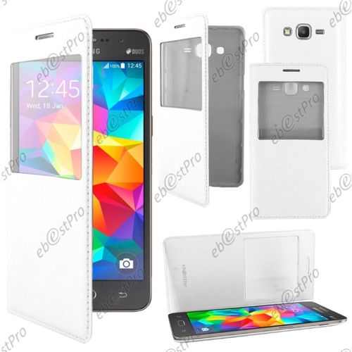 Ebeststar ® Housse Coque Etui Smart View Cover Type S-View Portefeuille Livre Pour Samsung Galaxy Grand Prime Sm-G530f Sm-G530h, Couleur Blanc + Film Protection D'écran