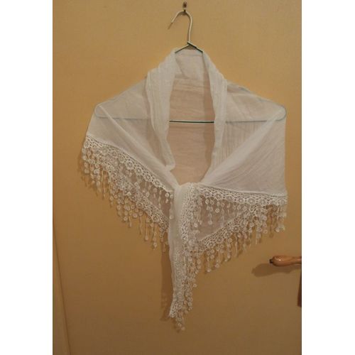 Châle Fichu En Soie - Triangulaire - Avec Dentelle / Bleu - 140 Cmx55cm - Fabrication Artisanale Italie