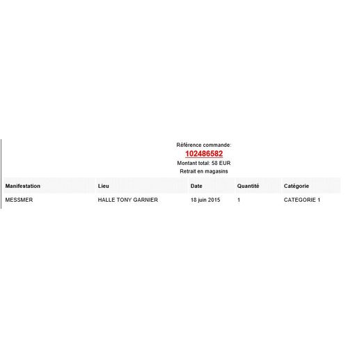 Ticket Spectacle Messmer - Intemporel Lyon 18 Juin 2015 2eme Rang Halle Tony Garnier