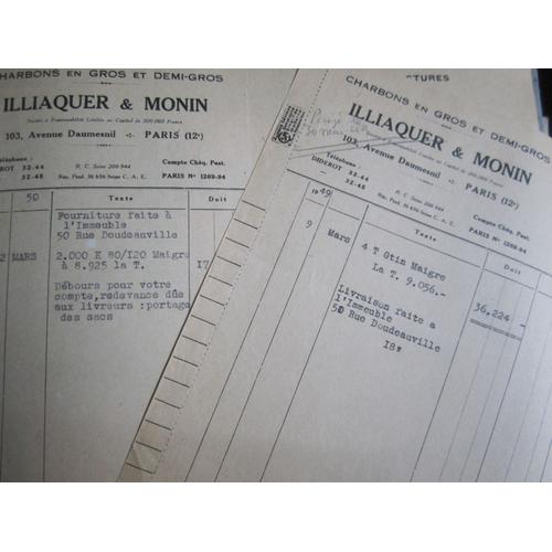 2 Factures Illiaquer & Monin (Charbons) 1949/59