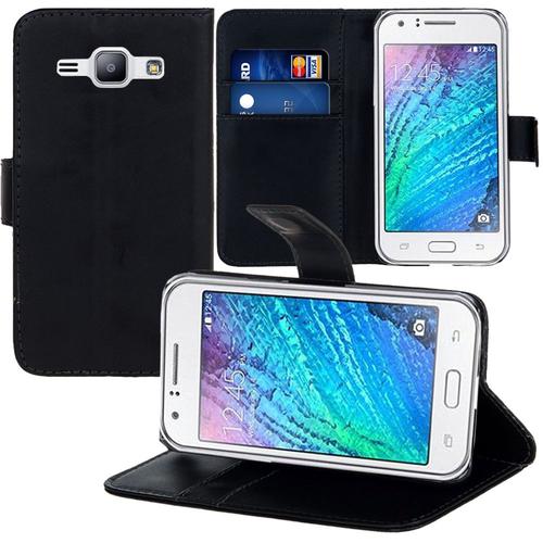 Samsung Galaxy J1/ J1 4g: Etui Portefeuille Livre Housse Coque Pochette Support Vidéo Cuir Pu Noir